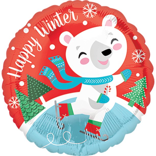 Happy Winter Holiday Ice Skating Bear Round 18" Foil Balloon, Red Blue