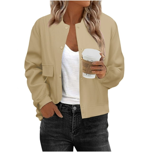 Pincandy Blouson Bomber Décontracté pour Femmes, Veste Universitaire à Boutons avec Poches