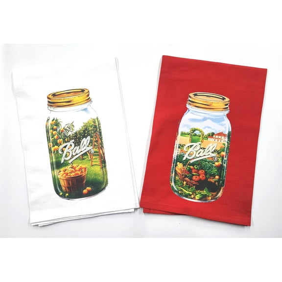2 Piece Set Red/White - Ball Canning Tomato Peaches - Tea Towel - Flour Sack - 9" x 13.5" - Kitchen - Baking - Camper - Gift - White Toner Digital Graphics - OKT036