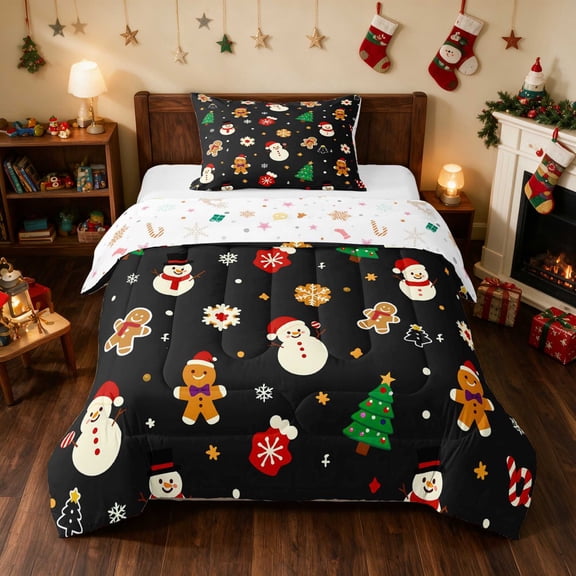 Manfei Santa Twin Comforter Sets Holiday Bedding Set, Pink Red 2pcs 1 Comforter and 1 Pillowcase, Xmas Reversible