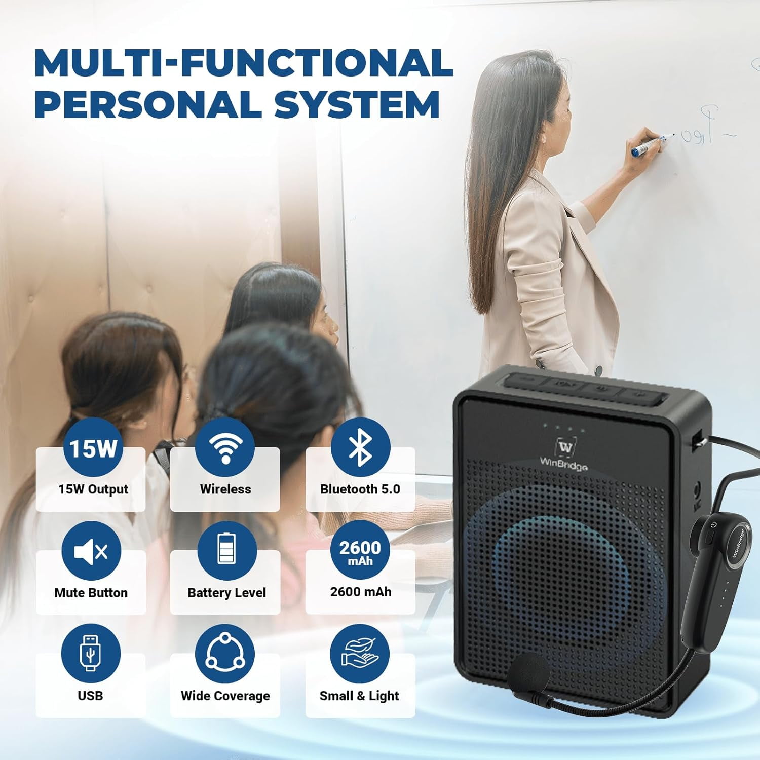 HW HAOWORKS Voice Amplifier Wireless Mic Headset, 15W Personal Voice Amplifiers for Teachers Classroom Tour Guide,Original Sound Ultra Portable-B002