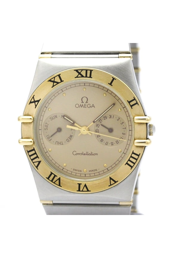 Pre-Owned OMEGA Constellation Day Date 18K Gold Steel Quartz Mens Watch 396.1070 Polished