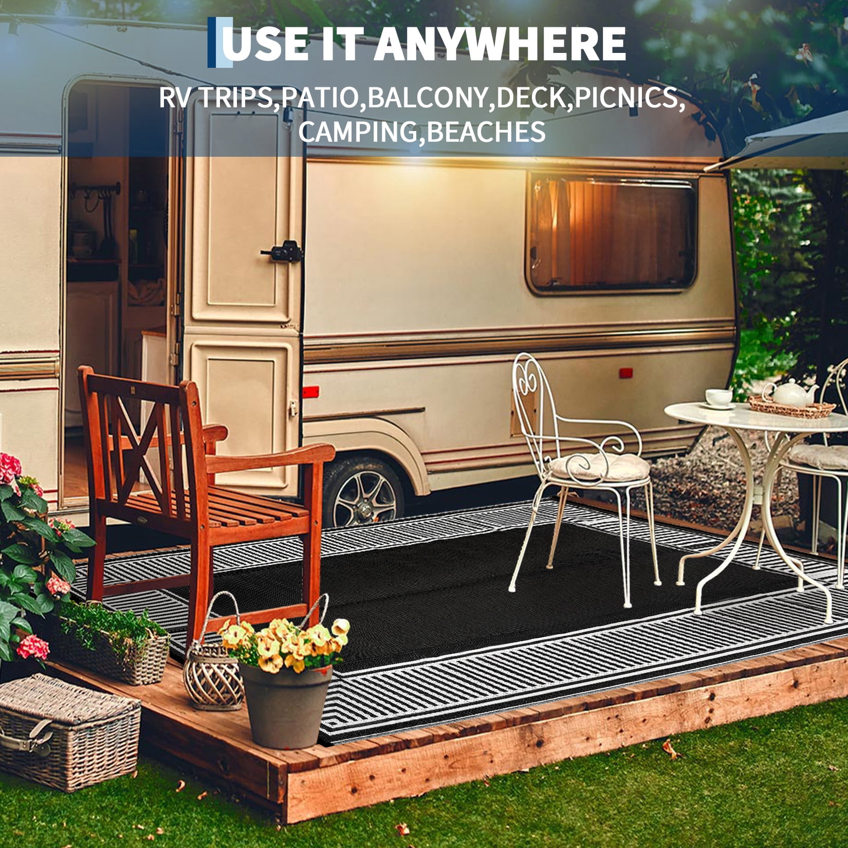 Garvee 8'x10' Waterproof Outdoor Area Rug Reversible Plastic Geometric Bordered Patio Mat UV-Protected for Deck, Backyard, RV and Camping, Black