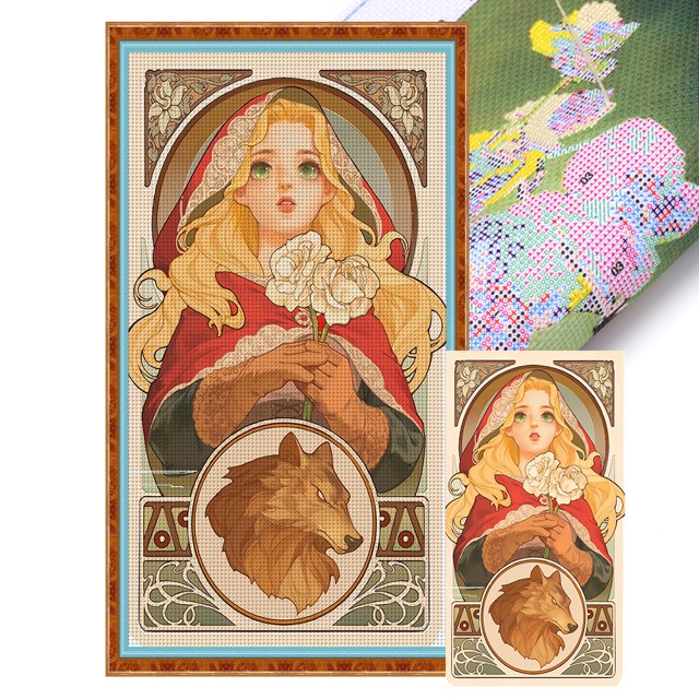(2) Hilo Algodón Ecológico Bordado 11CT 3 Hebras Impresión 40*70cm Kit Serie Personajes Punto Cruz Con Tarjeta Caperucita Roja