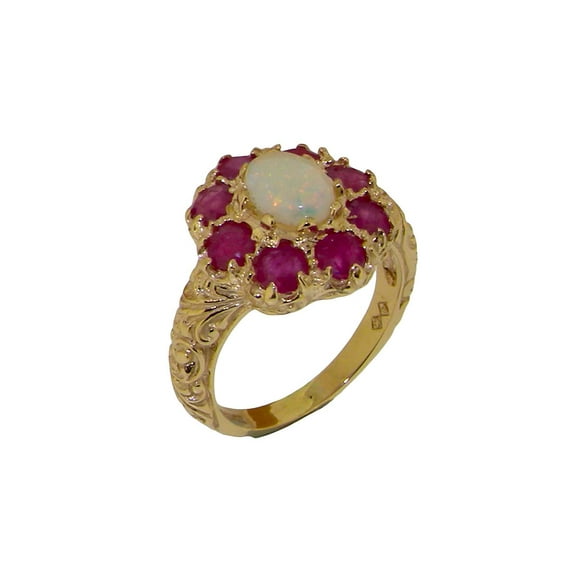 LBG British Made 9k Yellow Gold Real Genuine Opal & Ruby Womens Statement Ring - 33 size options - Size 5.75