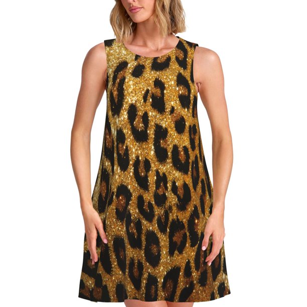 Fotbe Golden Leopard Glitter Vestido de Verano sin Mangas para Mujer – Vestido Midi Línea A, Estilo Camiseta Floral, Vestido Playero Casual y Fluido