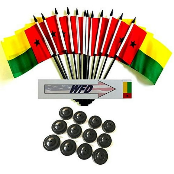 Pack of 12 4"x6" Guinea-Bissau Polyester Miniature Office Desk & Little Table Flags, 1 Dozen 4"x 6" Guinea-Bissau Small Mini Handheld Waving Stick Flags with 12 Flag Bases (Flags with Stands)