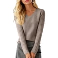 thumbnail image 5 of WULMLEO Cozy Sweaters for Women Casual Long Sleeve Loose V-Neck Knit Solid Color Pullover Tops Khaki One Size, 5 of 6