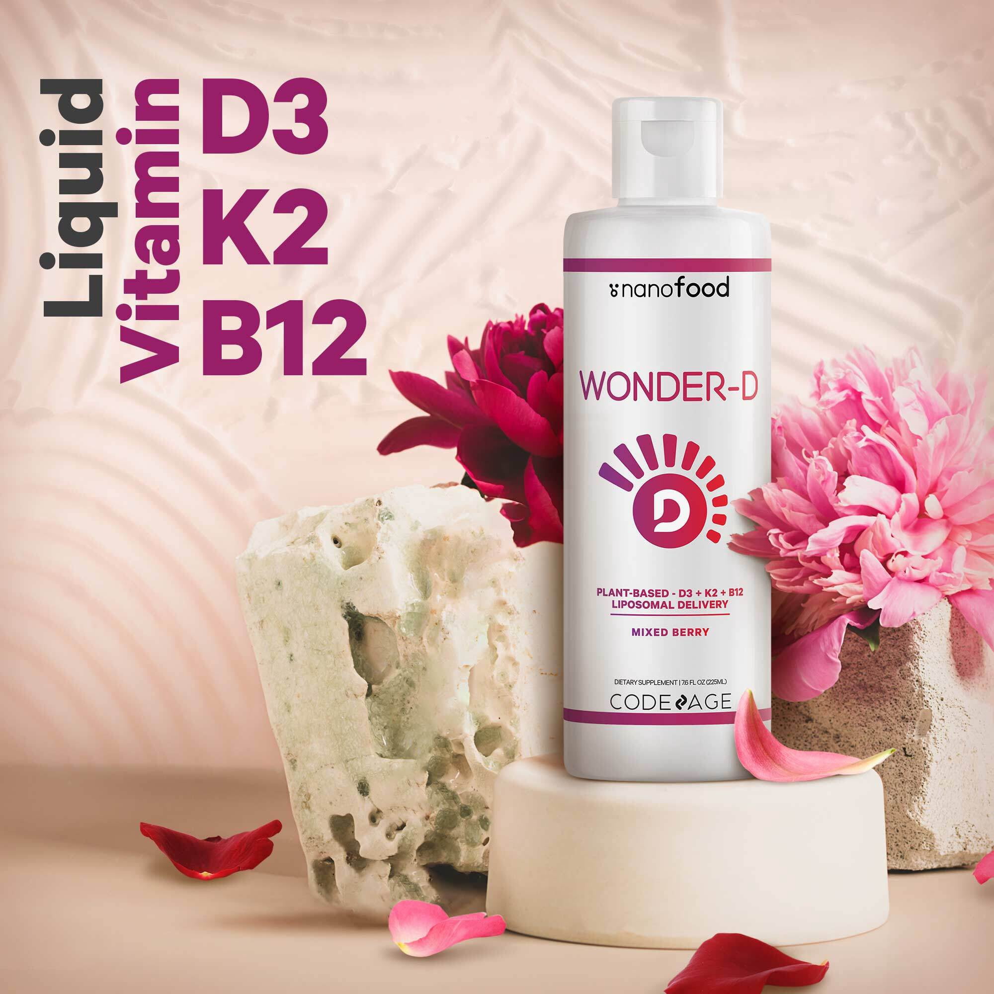 Codeage Nanofood, Wonder-D, Plant-Based, D3 + K2 + B12, Liposomal Delivery, Mixed Berry, 7.6 fl oz (225 ml)