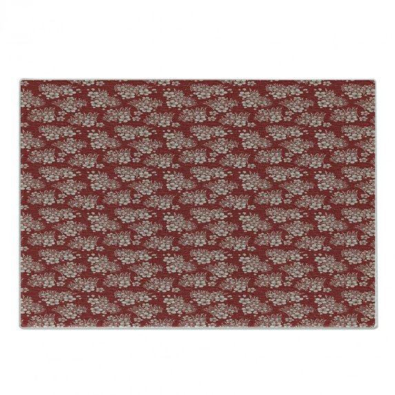 Cherry Blossom Cutting Board, Scattered Bale of Hay Illustration Randomly Placed Cherry Flowers, Decorative Tempered Glass Cutting and Serving Board, Small Size, Ruby and Eggshell, by Ambesonne