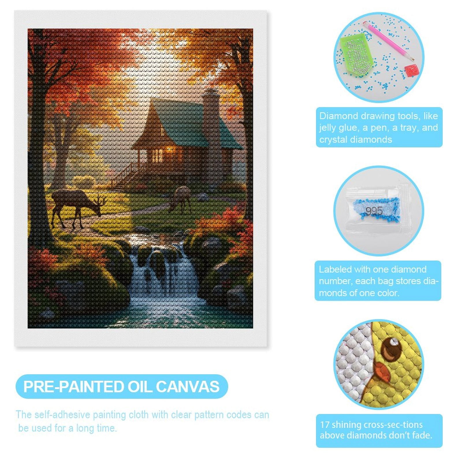 Diamond Art Kits for Adults, Autumn Cabin Serenity Deer Waterfall 5D Diamond Painting Kits for Adults Beginners, DIY Full Drill Diamond Painting, Gem Art and Crafts 12x16