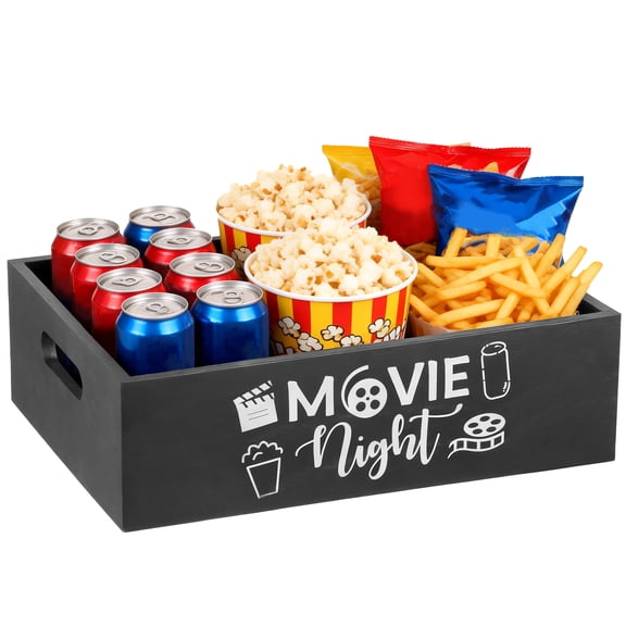 Movie Night Snack Tray with Handle Wooden Movie Present Basket for Theater Popcorn Bucket Bowl Box Container Family Room Valentine's Day Decor