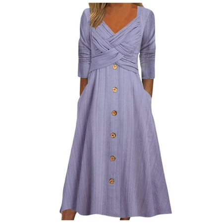 Fsqjgq Summer Dress Corset Dress Party Dress Boho Summer Dress Women Fashion Solid Long Sleeve V Neck Button Casual Dress Long Dress Boho Vacation Dresses T Shirt Dress Smocked Tiered Midi Dress M