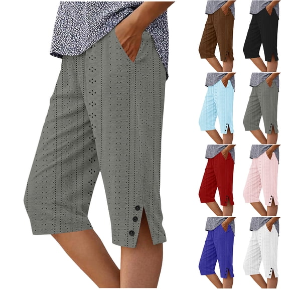 Bloomae Capri Pants for Women Lightweight Summer Crochet Eyelet Casual Elastic Waist Stretch Holiday Beach Carpris Loose Fit Button Side Slit Cropped Trousers with Pockets Light Blue S