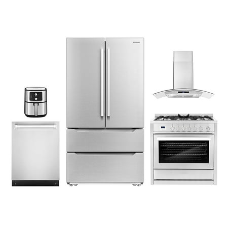 5 Piece Kitchen Package with 36  Freestanding Gas Range 36  Wall Mount Range Hood 24  Built-in Fully Integrated Dishwasher French Door Refrigerator &amp; 5.5L Electric Hot Air Fryer
