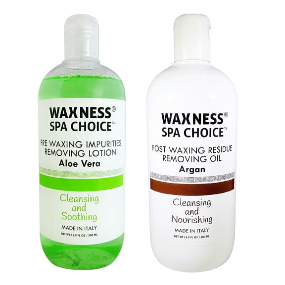 Waxness Pre Waxing Impurities Removing Lotion Aloe Vera and Post Waxing Residue Removing Oil Argan 2 X 16.9 fl oz / 500 ml