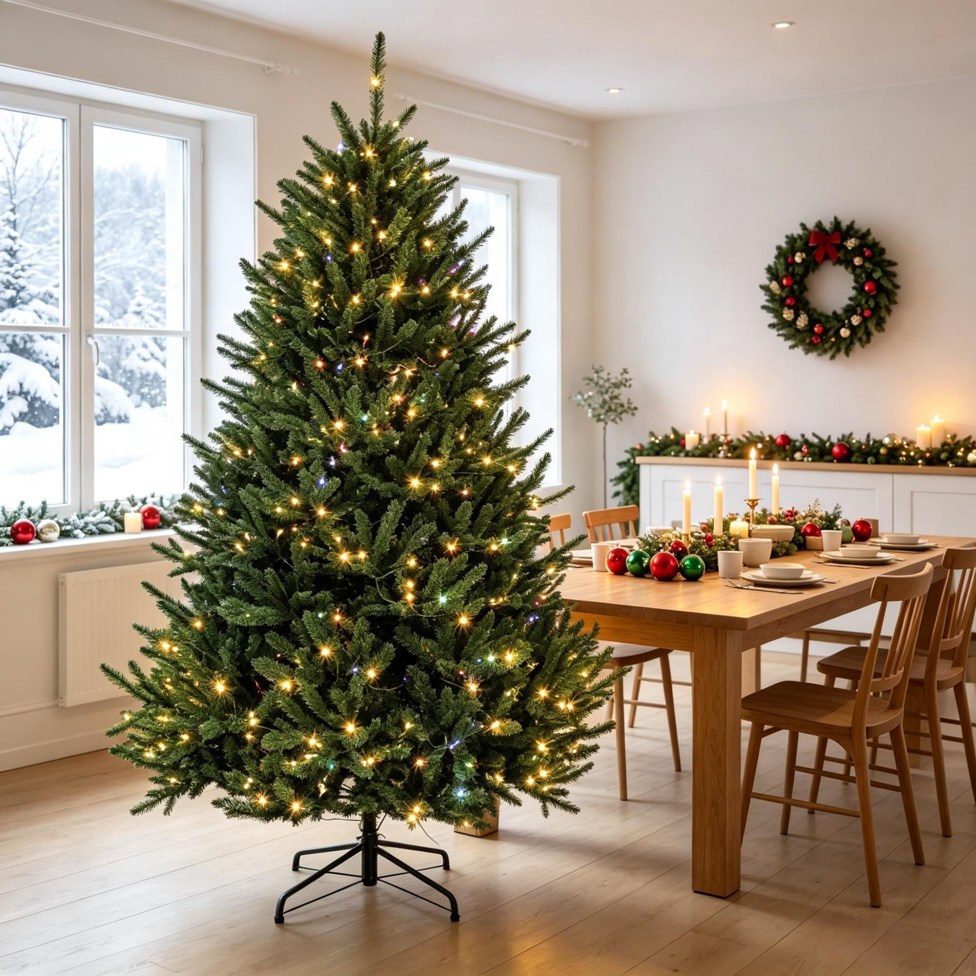 6 ft Pre-Lit Christmas Tree with Dual-Color LED Lights, 1492 Tips, 11 Lighting Functions, Hinged PVC Foliage and Metal Stand