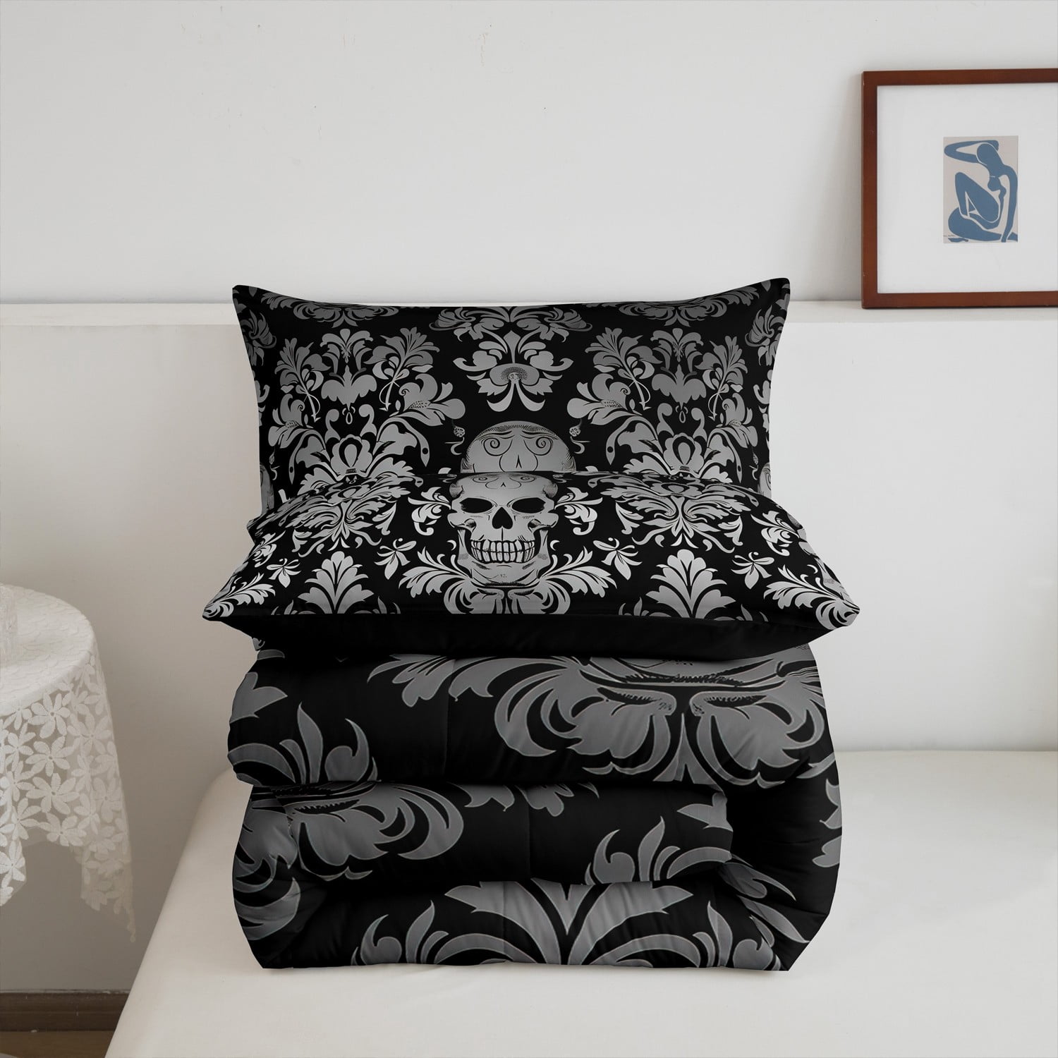 Adults Gray Damask Bedding Set Antique Victorian Baroque Comforter Set Queen Size,Gothic Vintage Floral Quilt Exotic Sugar Skull Duvet Insert,Gothic Bone Skeleton Bohemian Decor,Black