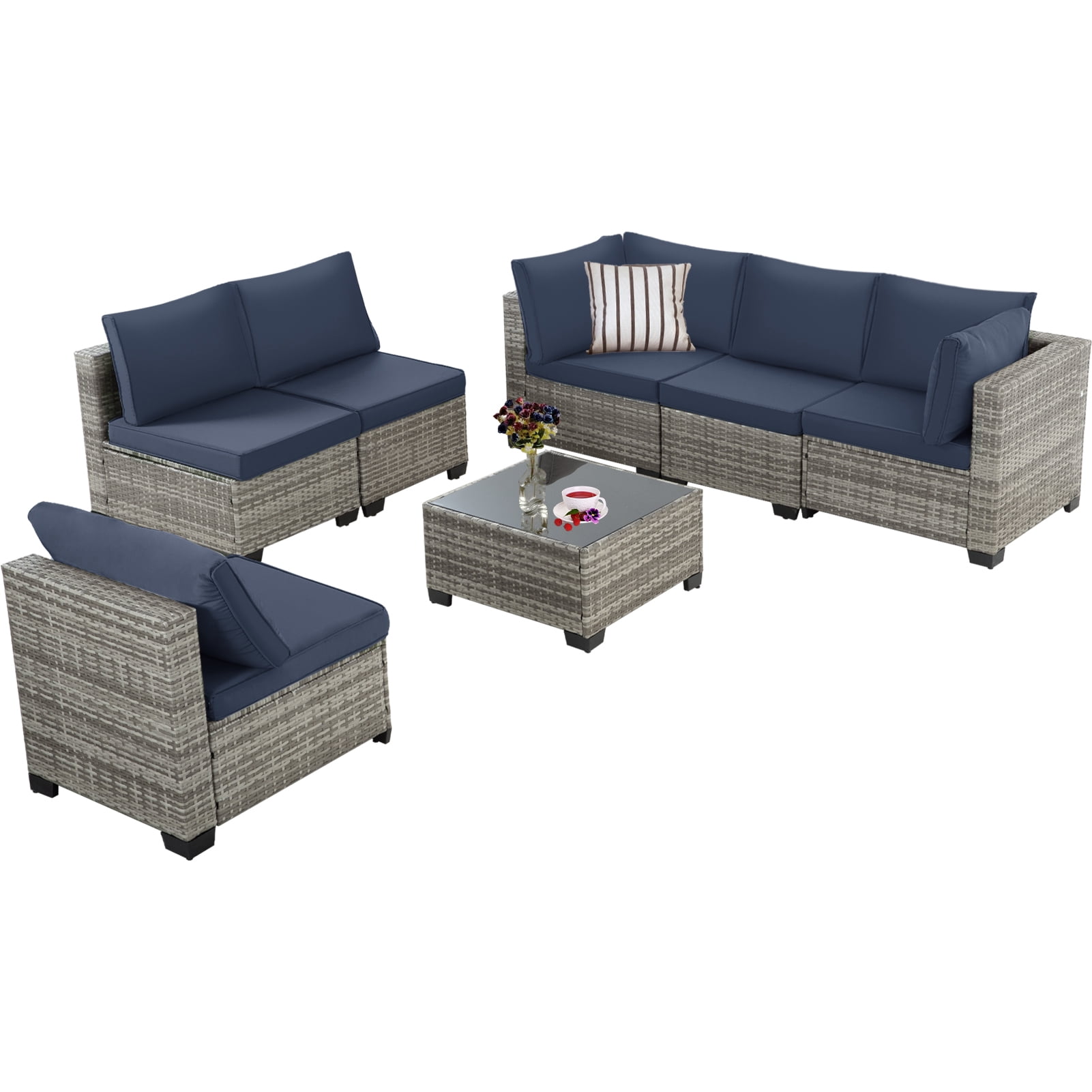 YIORTWO 7-Piece Outdoor Patio Furniture Set, PE Wicker Sectional Conversation Sofa Set with Glass Coffee Table, Weather-Resistant Cushions for Patio, Garden, Backyard