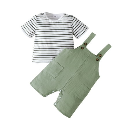 

Bagilaanoe 2Pcs Newborn Baby Boys Overalls Pants Set Short Sleeve Stripes T-Shirt Tops + Suspender Trousers 6M 9M 12M 18M 24M Infant Gentleman Formal Outfits