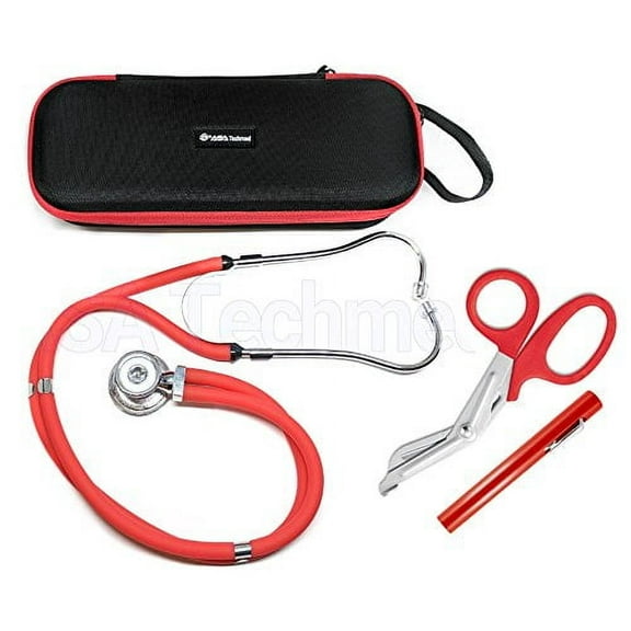 ASATechmed Sprague Rappaport Stethoscope Dual Head Adult   Free Lightweight Storage Case, Matching EMT Shear and Penlight Ideal Gift for Medical Students, Doctors, Nurses, EMT and Paramedics (Red)