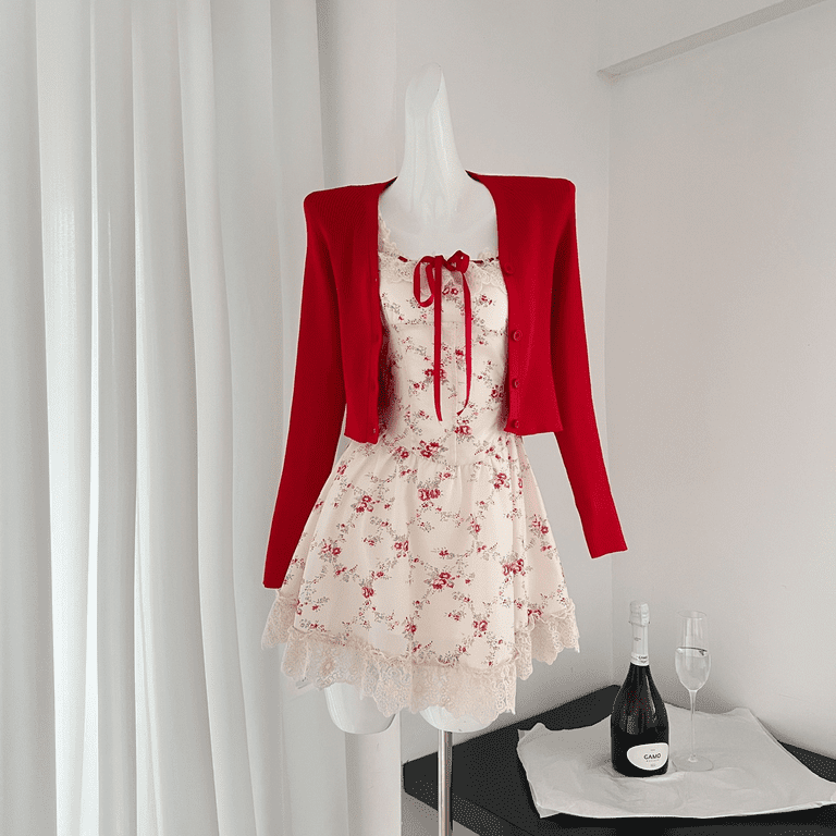 Sweet Cottagecore New Two Piece Set Women New Red Knitted Sweet Cottagecore New Two Piece Set Women New Red Knitted