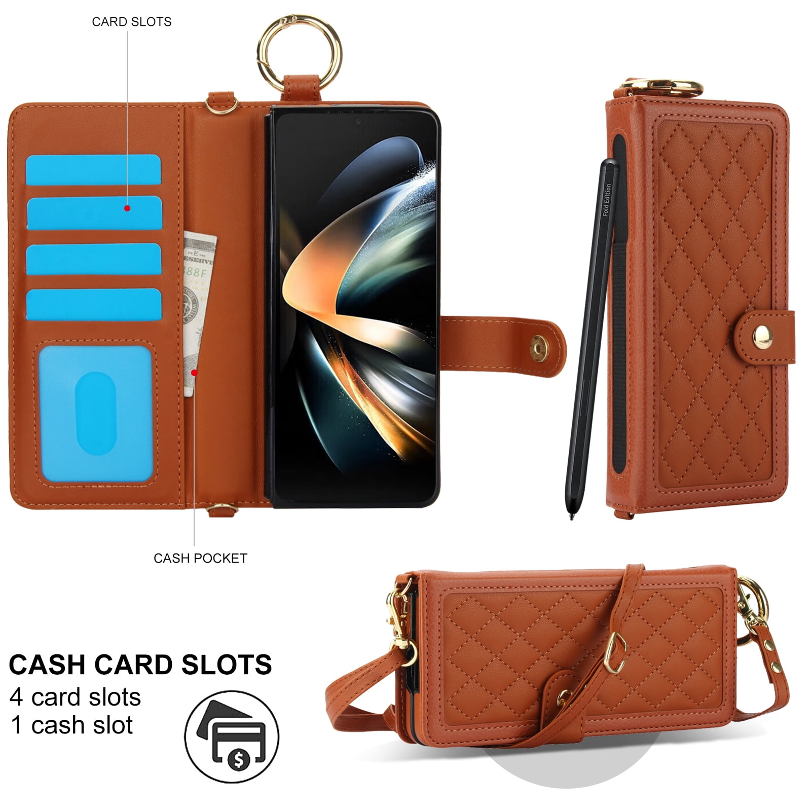 for Samsung Galaxy Z Fold 4 Crossbody Wallet Case, RFID Blocking Card Slots, Ring Buckle Luxury PU Leather Flip Phone Case with Pen Slot Lanyard Strap Wristband Kickstand Cover, Brown