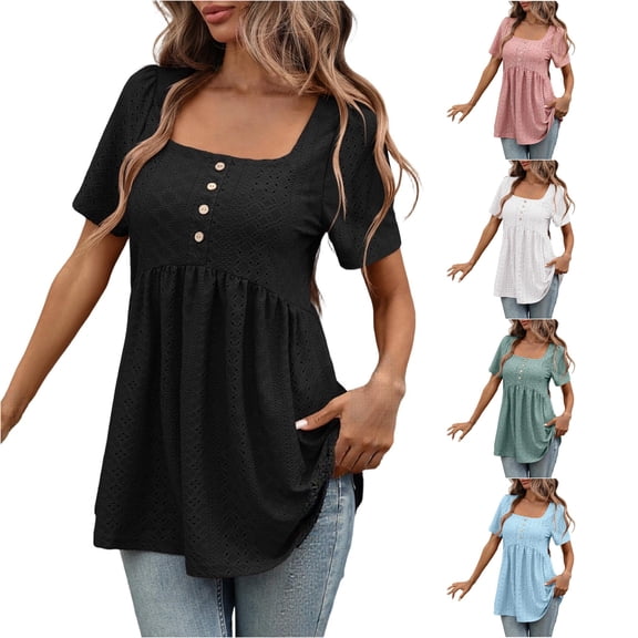 NinXxx Women‘s Square Neck Short Sleeve Blouse Casual Loose Fit Top Black XL