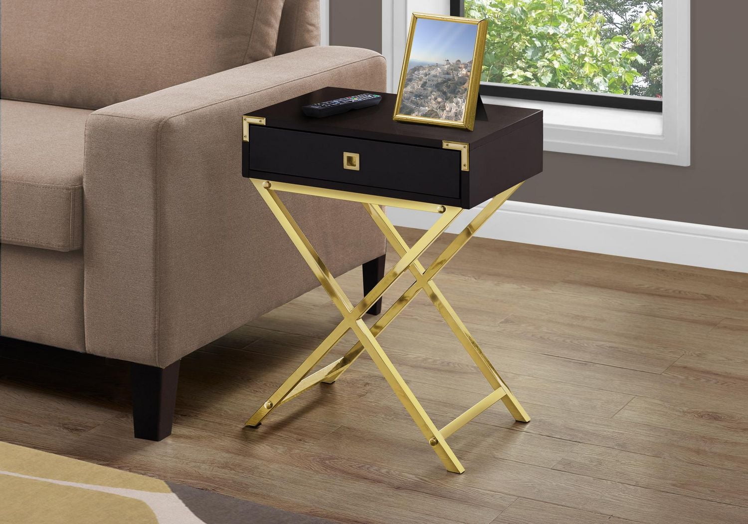 Monarch Specialties Accent Table, Side, End, Nightstand, Lamp, Storage Drawer, Living Room, Bedroom, Brown Laminate, Gold Metal, Contemporary, Modern