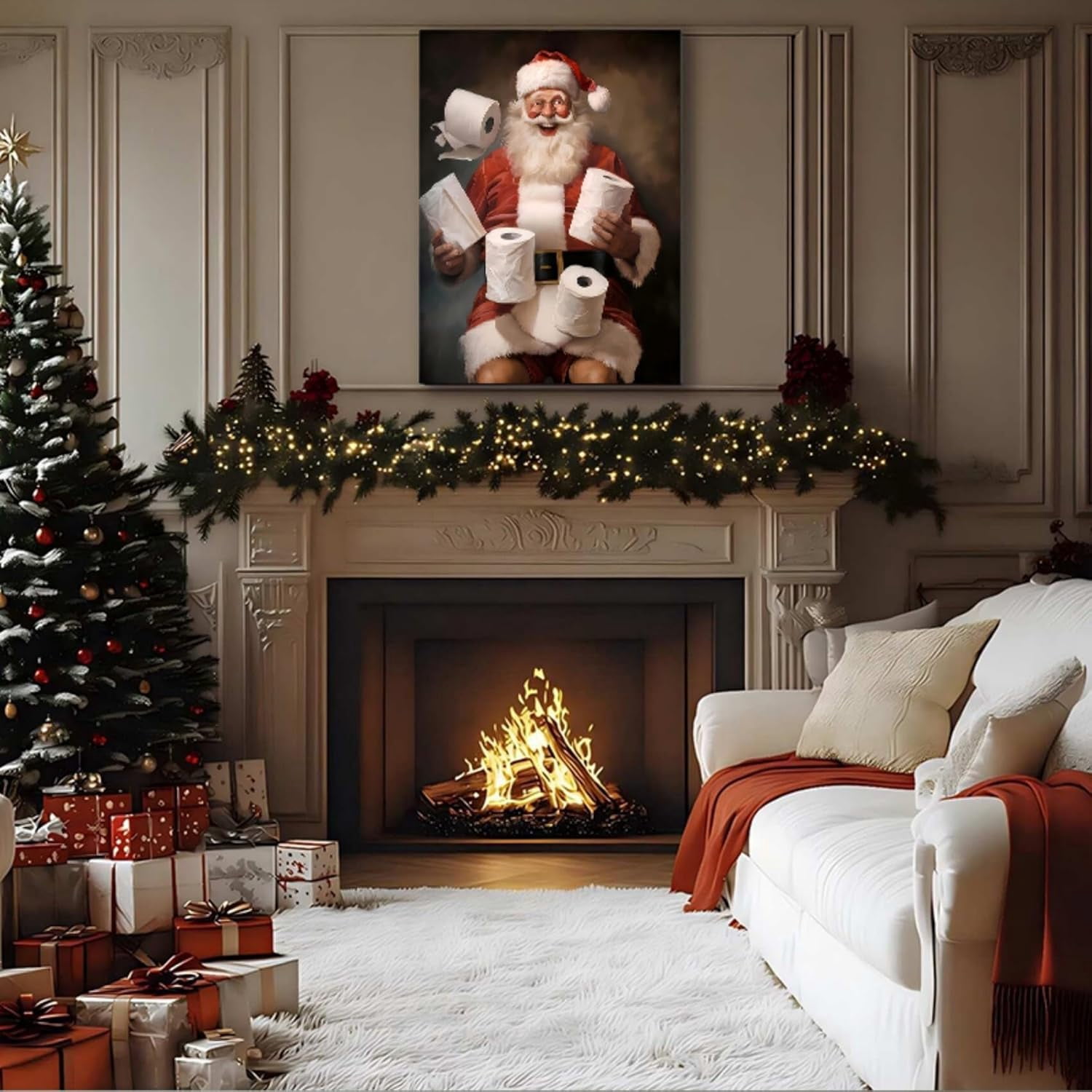 Funny Christmas Santa Bathroom Wall Art Prints, Winter Christmas Santa Claus Posters Pictures Wall Decor for Shower Room Bathroom Washroom, Framed Ready to Hang