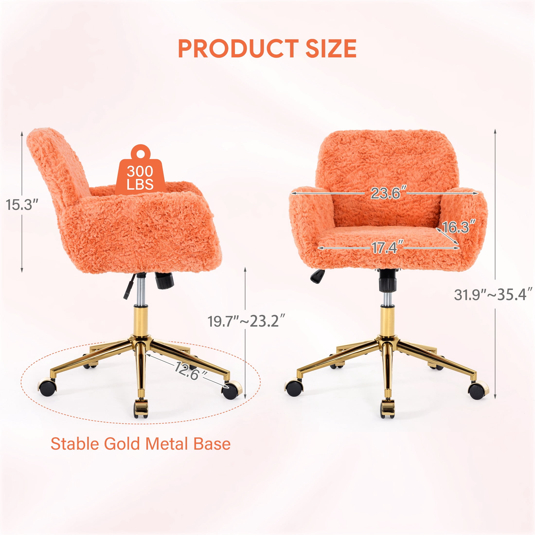 PAPROOS Vanity Chair with Back, Adjustable Swivel Makeup Desk Chair with Wheels and Arms, Fluffy Home Office Task Chair with Artificial Rabbit Hair for Bedroom, Dorm, Study Room, Orange
