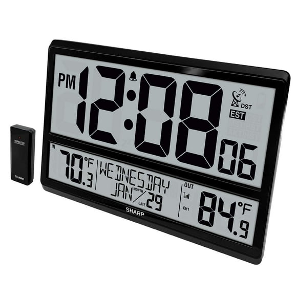Sharp Atomic Clock - Atomic Accuracy - Never Needs Setting! - Jumbo 3" Easy to Read Numbers - Indoor/ Outdoor Temperature Display with Wireless Outdoor Sensor - Battery Powered - Easy