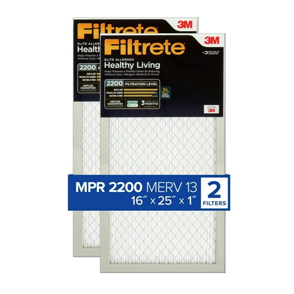 Filtrete 16x25x1, AC Furnace Air Filter, MPR 2200, Healthy Living Elite Allergen, 2-Pack (exact dimensions 15.69 x 24.69 x 0.78)