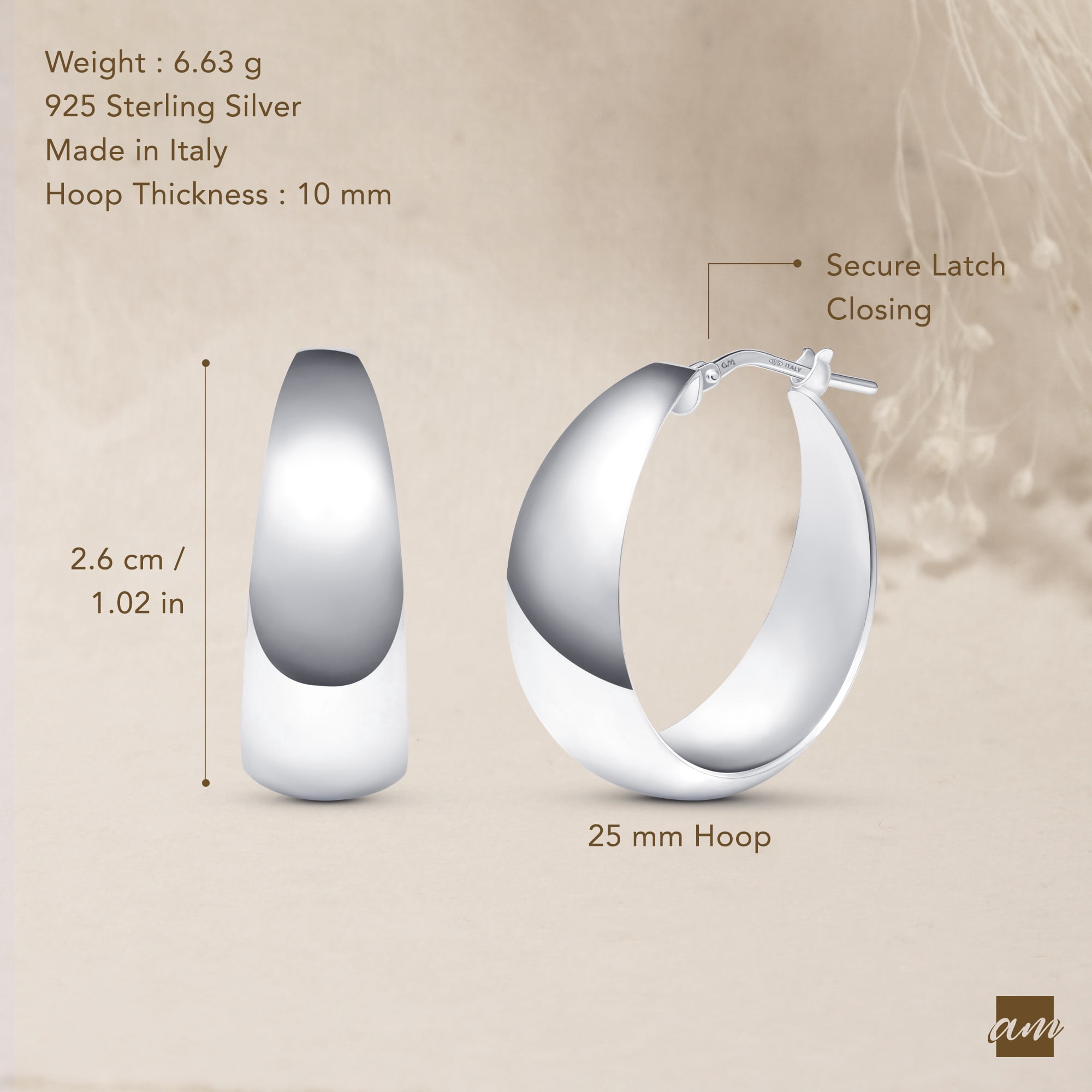 Amberta Women 925 Sterling Silver Chunky Hoop Earrings: Sterling Silver Chunky Hoop Earrings 25 mm