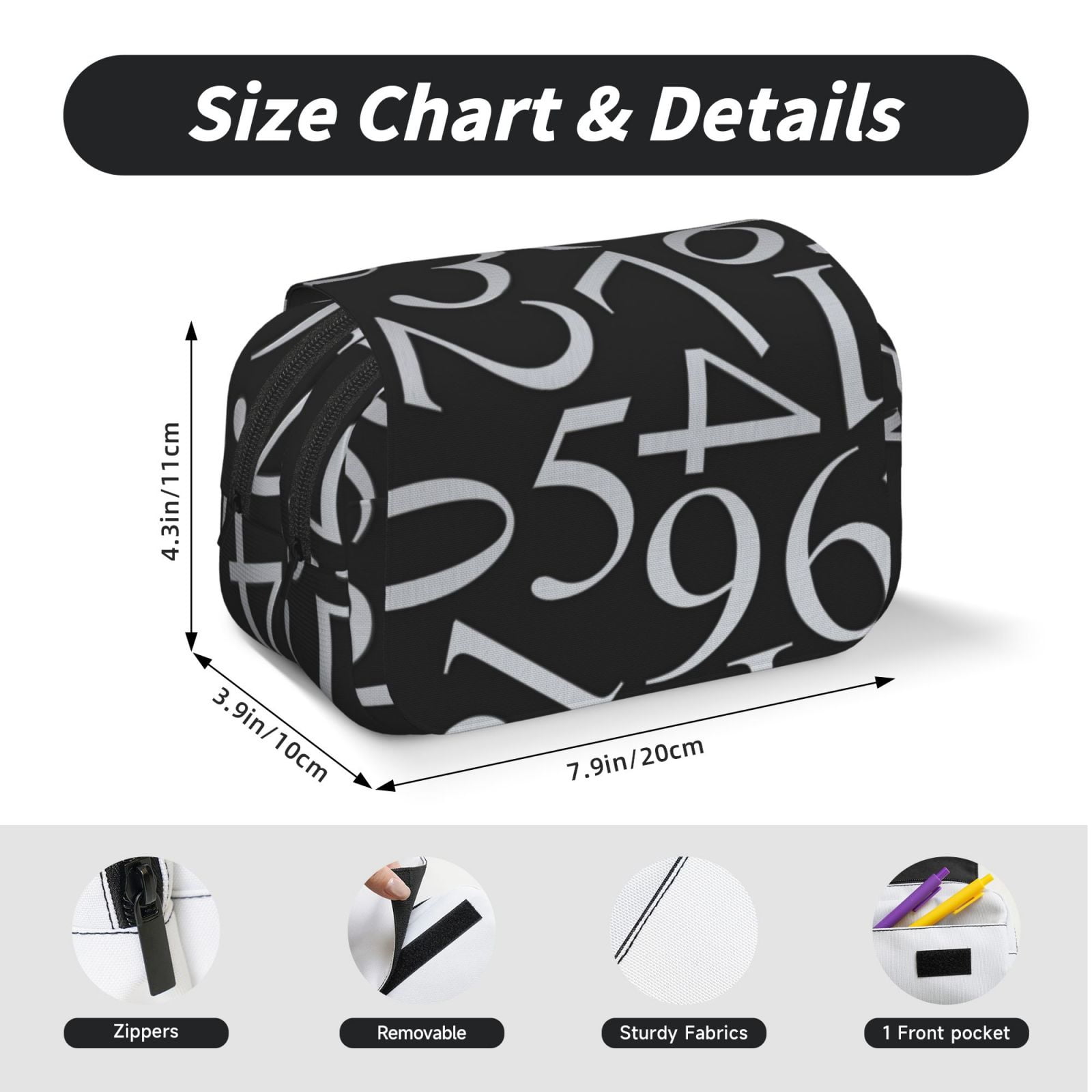 Rateoe Numbers Pattern Double Clamshell Pen Case, Storage Organizer with Two Zipper Compartments– Holds Up to 50 Pencils & Pens
