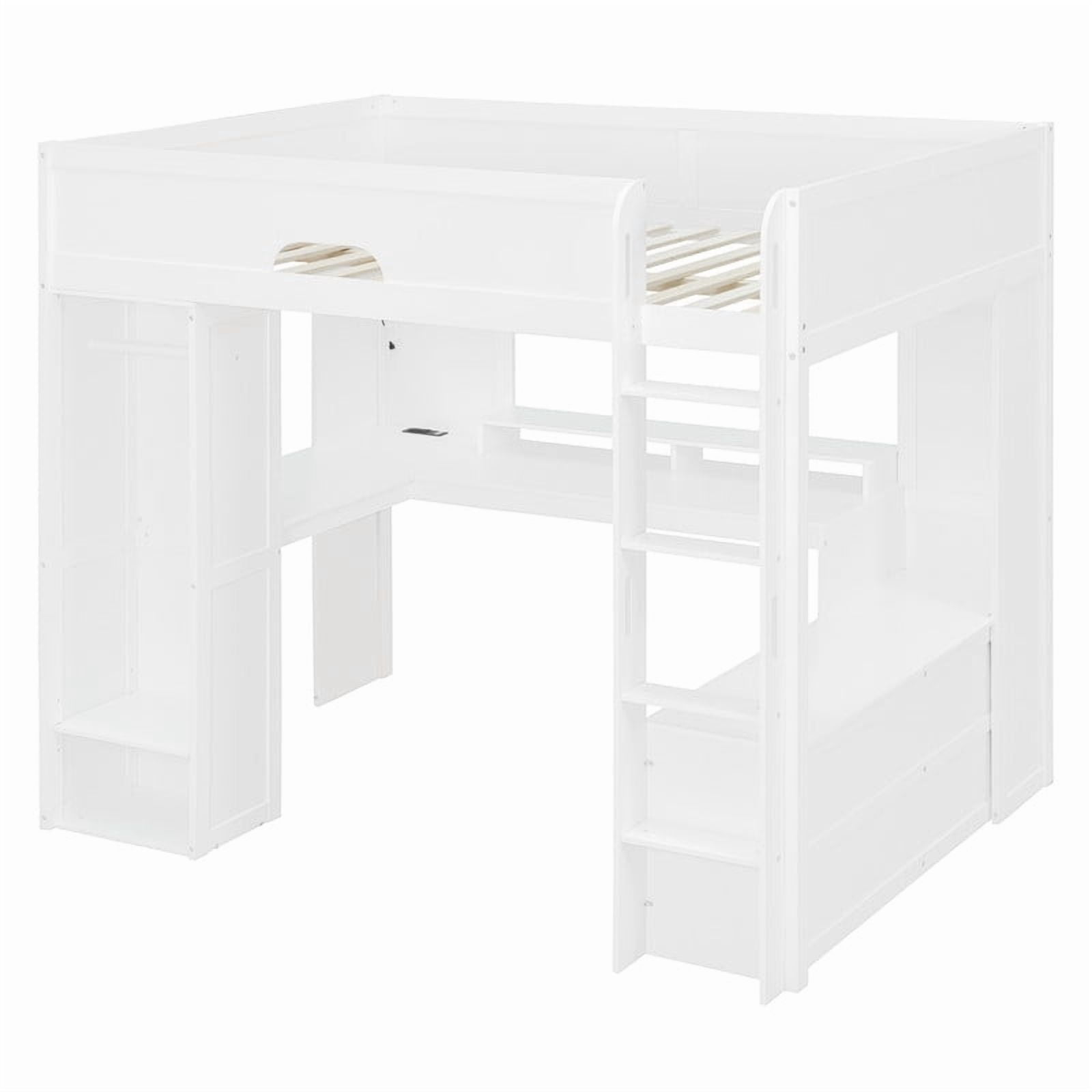 Full Versatile Loft Bed with L-Shaped Desk, LED Light Strip & Charging Station, Storage Kids Bed Frame with Drawers & Wardrobe