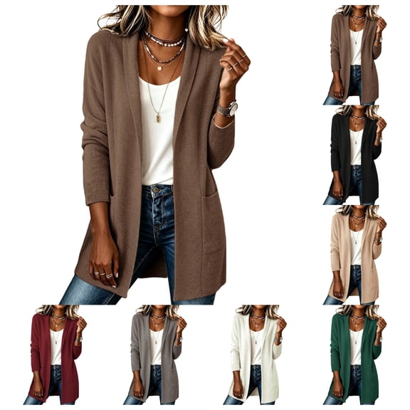 vzibsiv Cardigan for Women Long Sleeve Open Front Knit Fleece Jacket with Pockets Fall Winter Outfits Brown Size 2XL