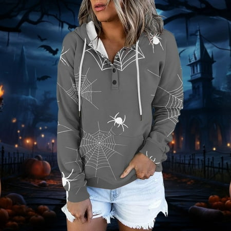 zanvin Womens Long Sleeve Drawstring Hooded Sweatshirt, Halloween Print  Loose Pocketed Shirt Hoodie for Women,Gray,XXL 