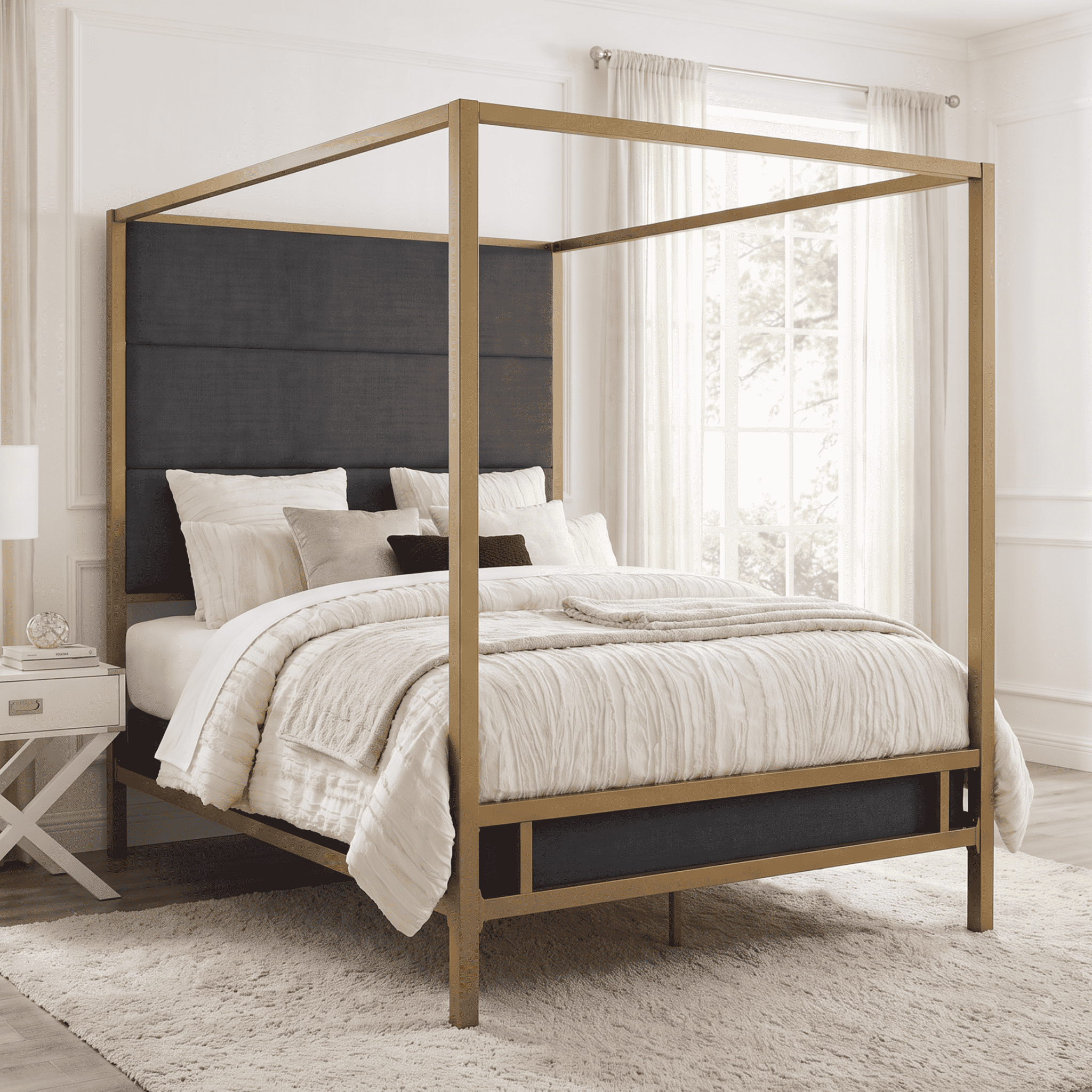 Euroco Metal Queen Size Canopy Bed with Linen Fabric Upholstered Headboard, 4-Poster Platform Bed, No Box Spring Needed, Gold