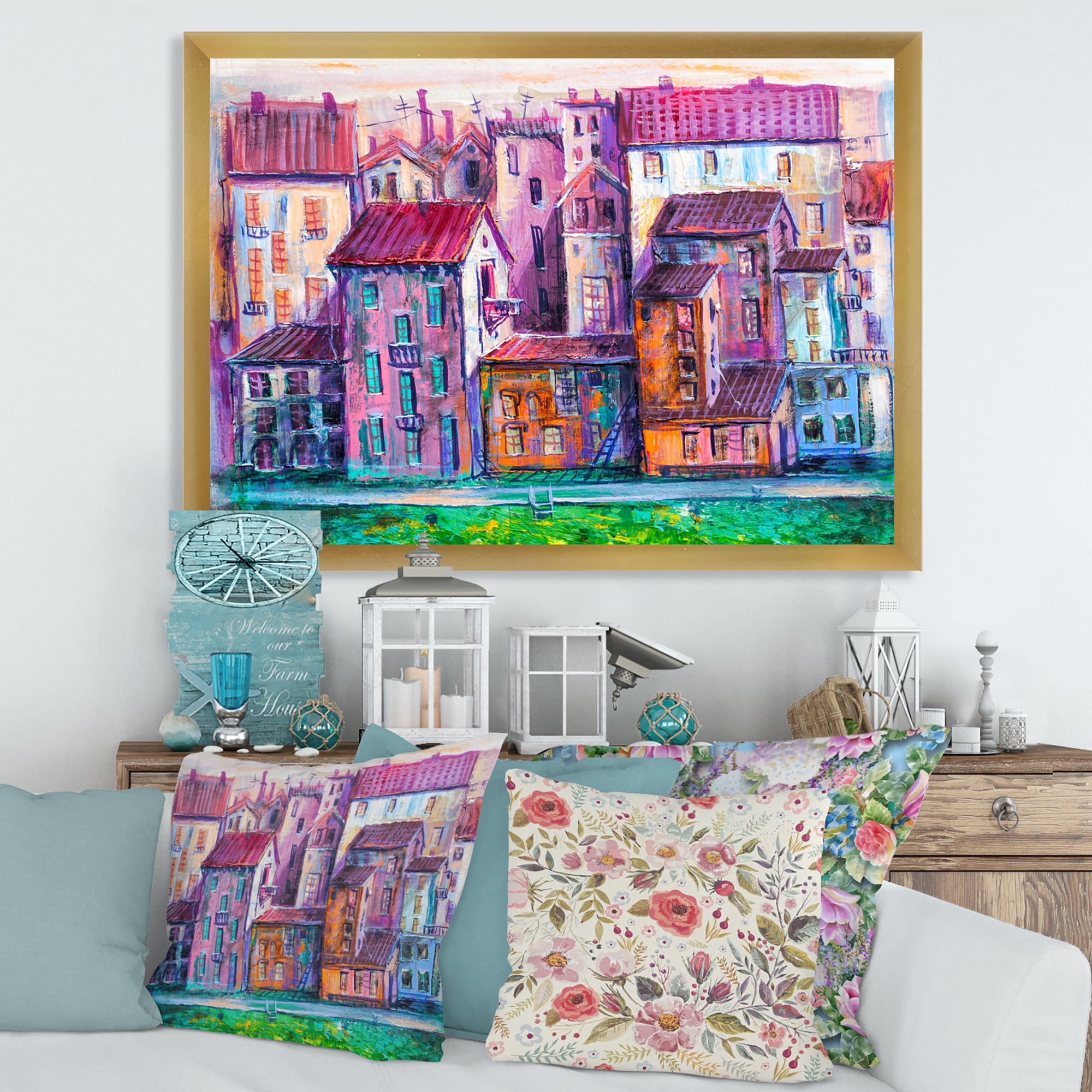 Designart 'Street With Colorful Old Homes Landscape' Modern Framed Art Print