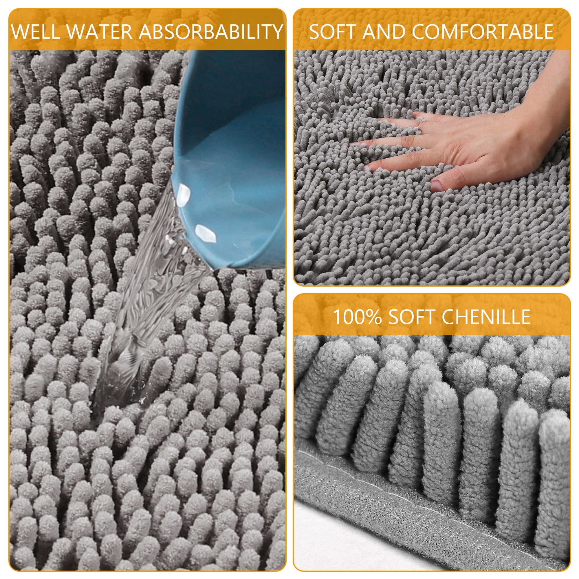 Hengbo 3 Pcs Chenille Bathroom Rug Sets Shaggy Bathroom Mat Set Carpet Extra Thick Soft Absorbent Soft Non Slip Machine Wash Light Gray