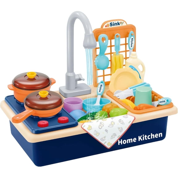 Pretend Kitchen Sink Play Set with Cooking Stove, Pots and Pans, Dishes and Cutting Food | Comes with Realistic Water Circulation and Spray | Lights and Sound
