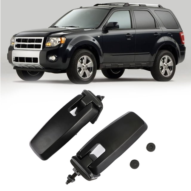 Rear Left and Right Liftgate Window Glass Hinges compatible with Ford Escape 2008-2012. The black steel hinges are shown in a close-up view, with a Ford Escape SUV in the background. Includes a tailgate glass hinge kit with two hinges and small components.