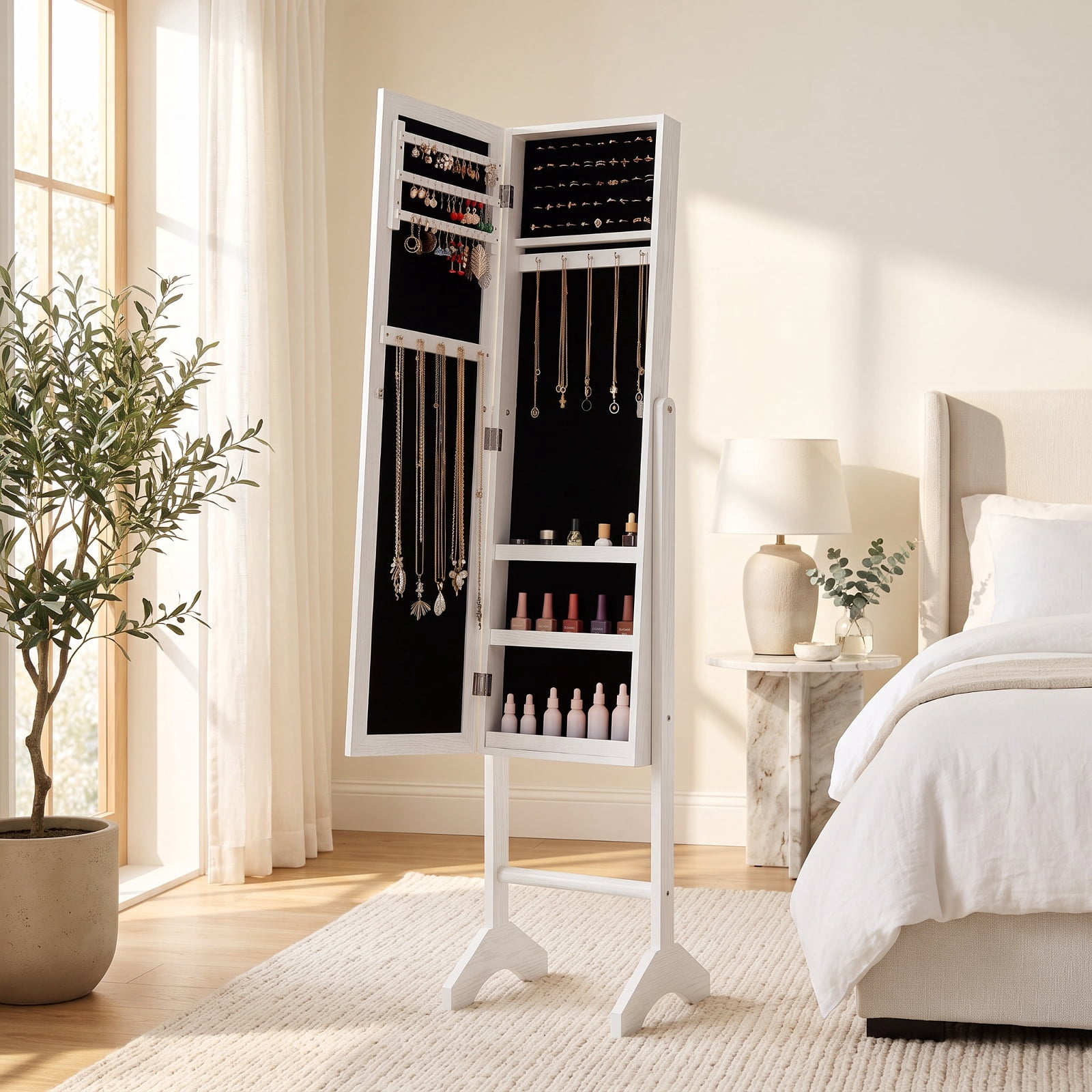 Furnibear Freestanding Jewelry Armoire with Velvet Lining and Full Length Mirror for Bedroom Dressing Room Jewelry Necklace Rings Storage, White