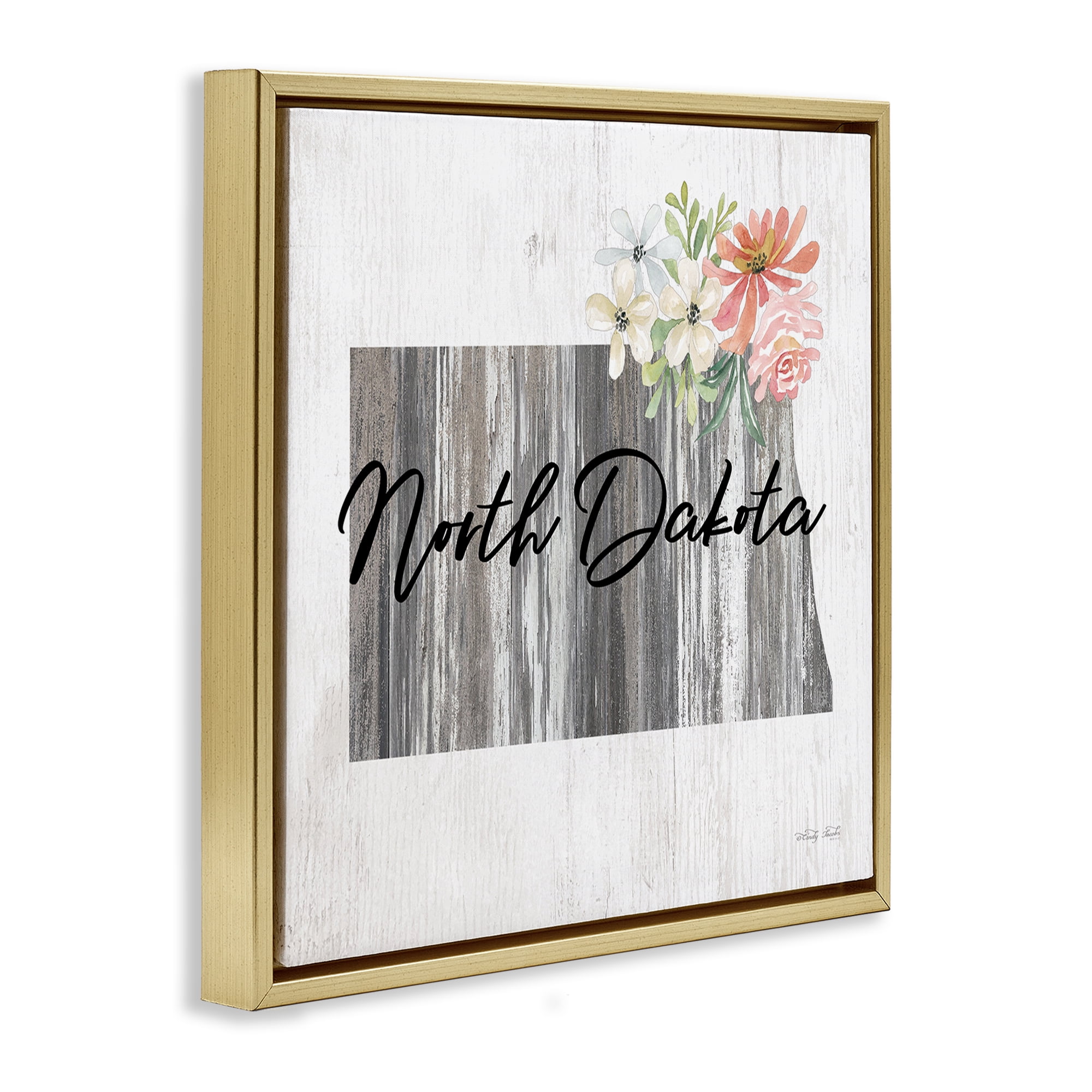 Stupell Industries Shabby Chic North Dakota Botanical & Floral Painting Gold Floater Framed Canvas Art Print Wall Art, 18 x 18
