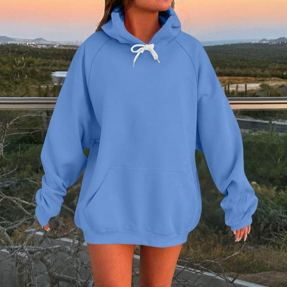 CQONEPT Women's Sherpa Lined Sweatshirts Drawstring Hoodies Dressy Casual Hooded Winter Outdoor Clothes with Pockets Light Blue 2XL