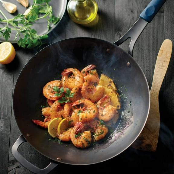 Tramontina Ember 12.5-Inch Carbon Steel Open Wok with Natural Oil Finish, Removable Silicone Grip