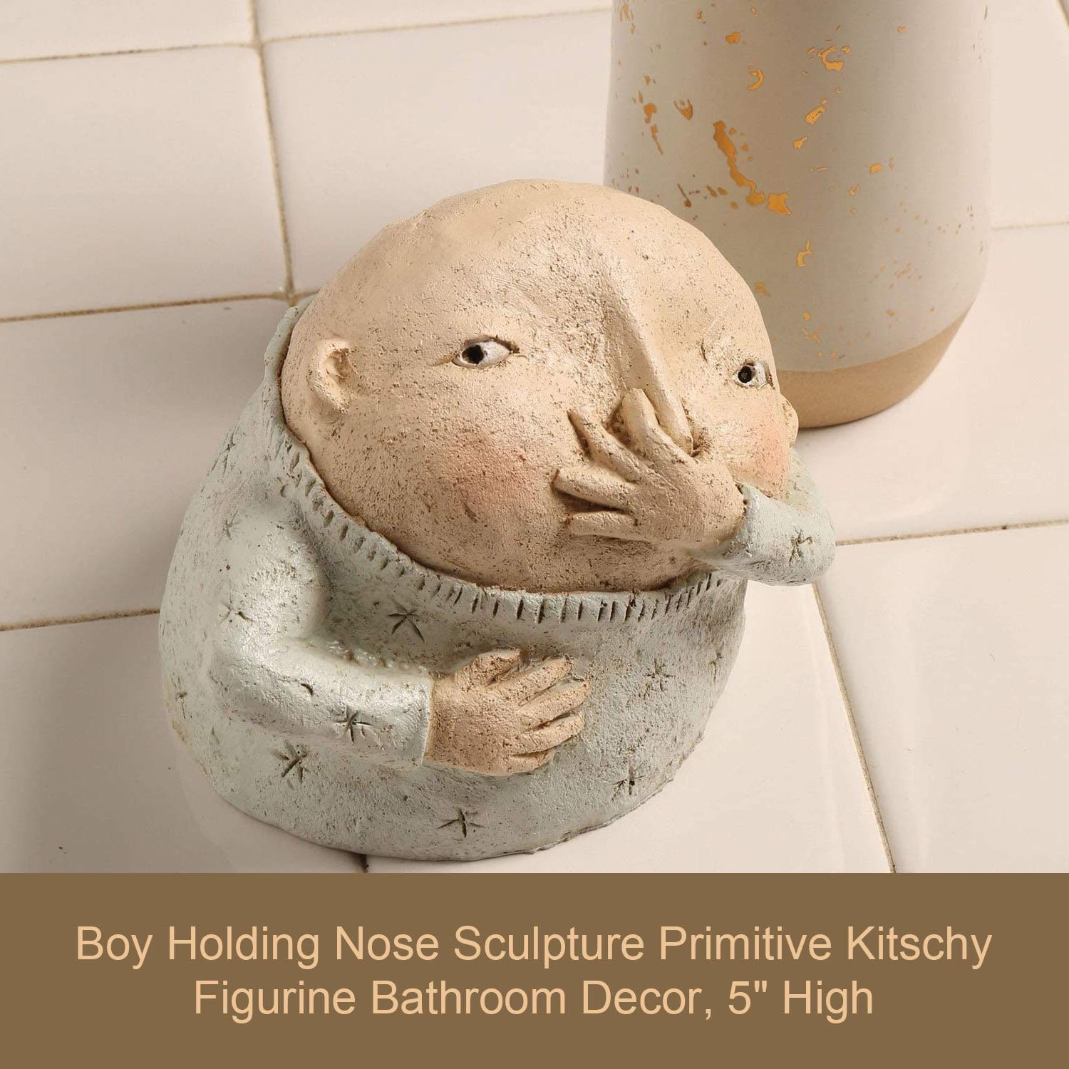 5" High Girl Holding Nose Sculpture Primitive Kitschy Figurine Bathroom Decor 