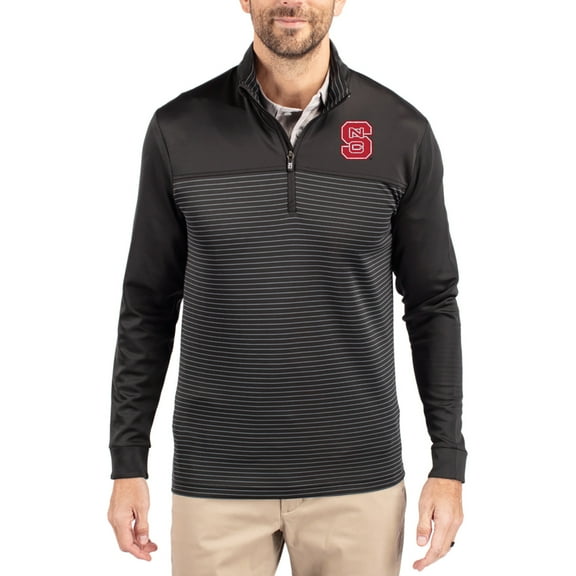 Men's-Cutter & Buck  Black NC State Wolfpack Traverse Stretch Eco Stripe DryTec Tri-Blend Quarter-Zip Pullover