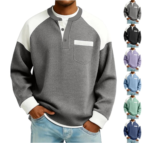 GrmtClth Sweatshirt Waffle Knit Henley Pullover Tops for Men Long Sleeve Chest Pocket Color Block Casual Daily Outfit Gray L